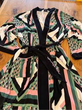 Peter Alexander Geometric Stripe Wrap Robe in Black, Pink & Green